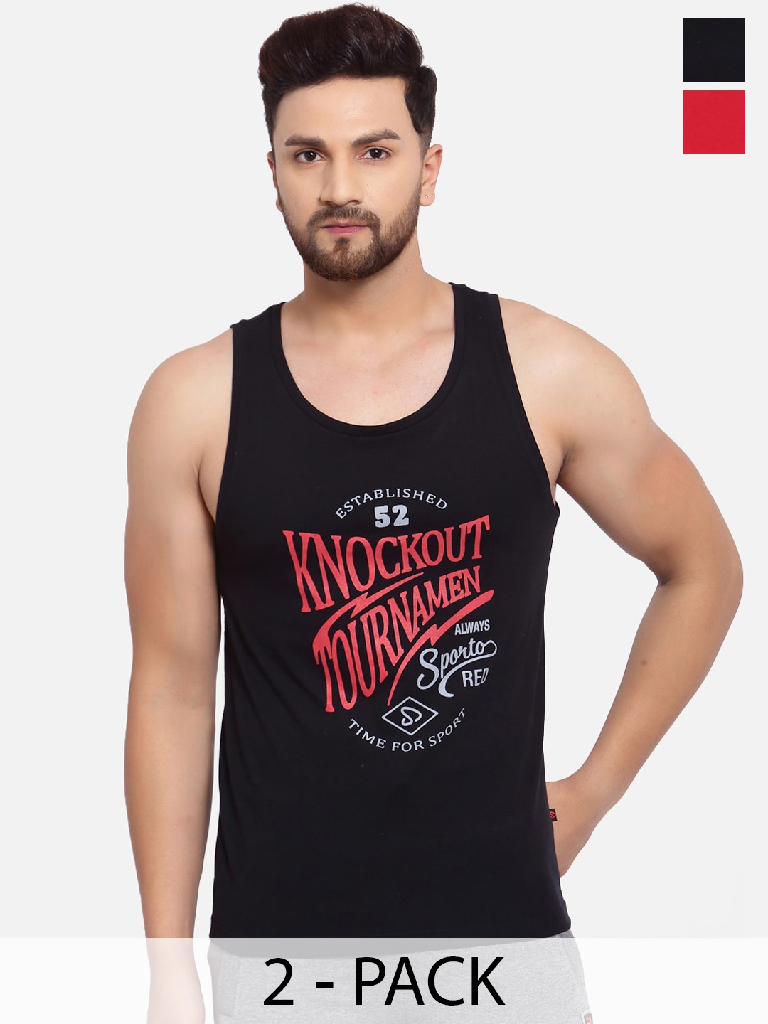 

SPORTO Pack Of 2 Printed Cotton Sleeveless Gym Vests, Black
