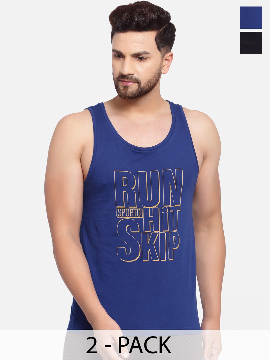 

SPORTO Pack Of 2 Printed Cotton Gym Innerwear Vests, Navy blue