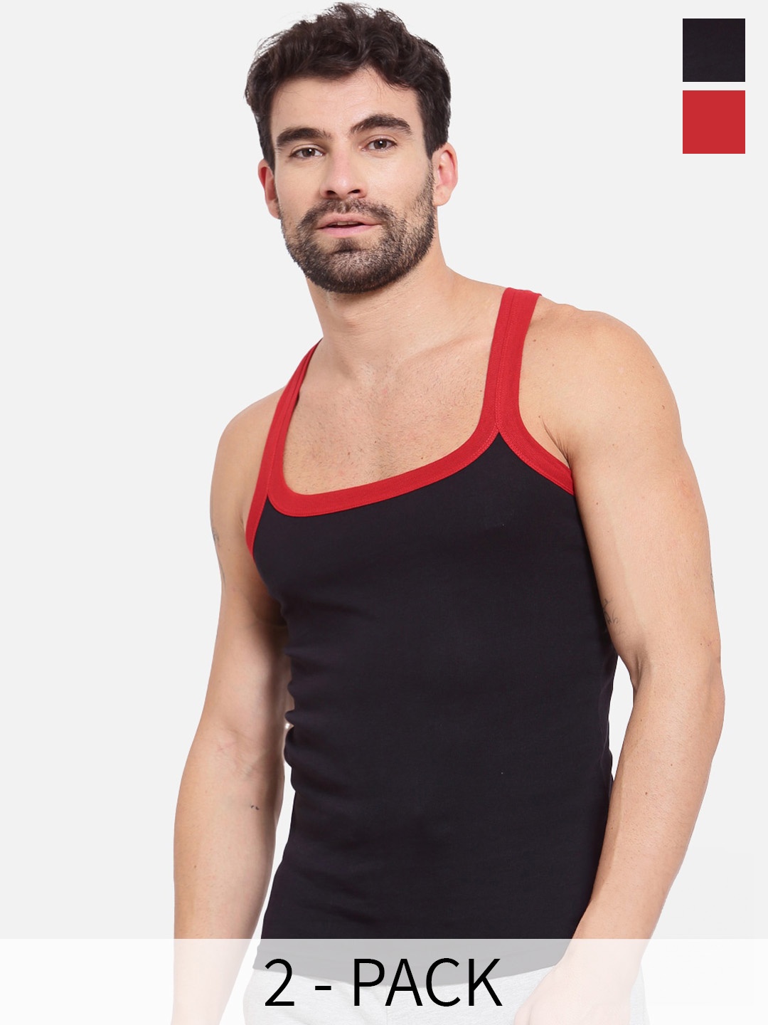 

SPORTO Pack Of 2 Cotton Sleeveless Gym Vests SP-VE-702-BLK-RED-2P-S, Black