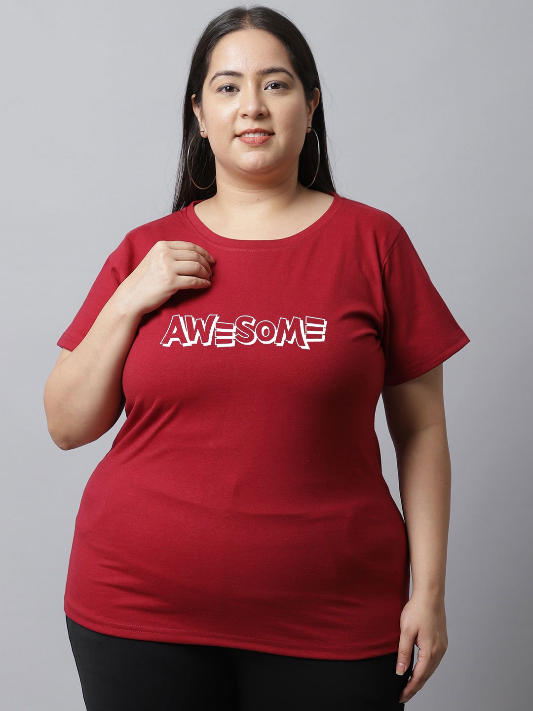 

UnaOne Plus Size Typography Printed Slim Fit Pure Cotton T-Shirt, Maroon