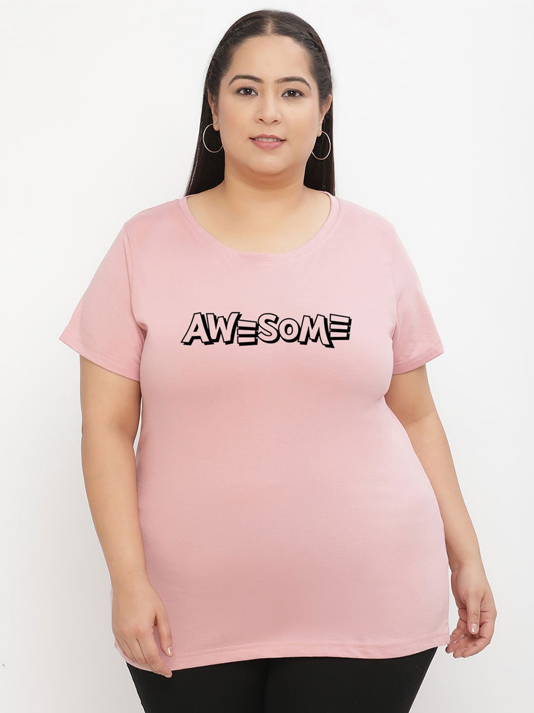UnaOne Plus Size Typography Printed Slim Fit Pure Cotton T-Shirt, Peach