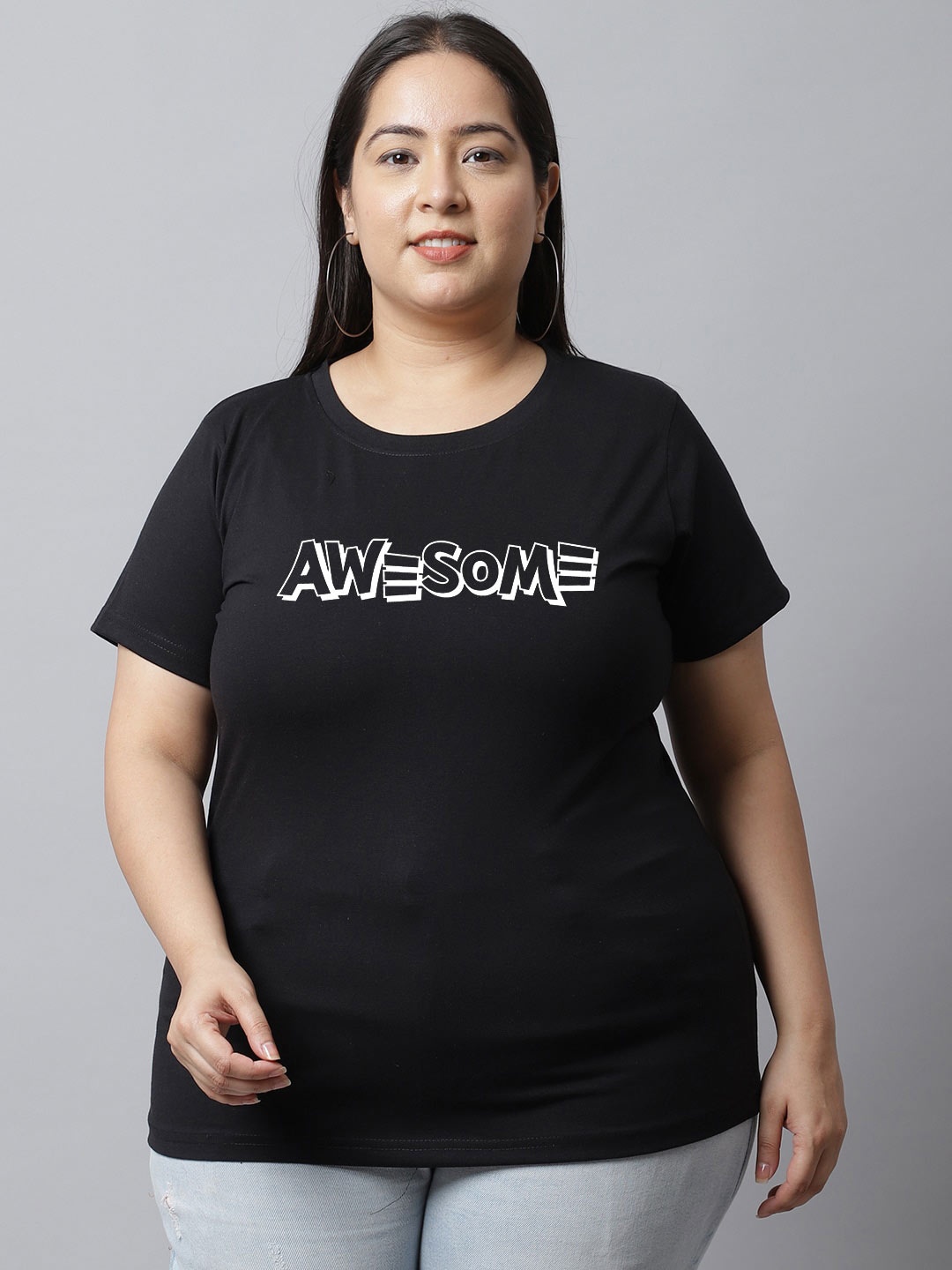 

UnaOne Plus Size Typography Printed Slim Fit Pure Cotton T-Shirt, Black