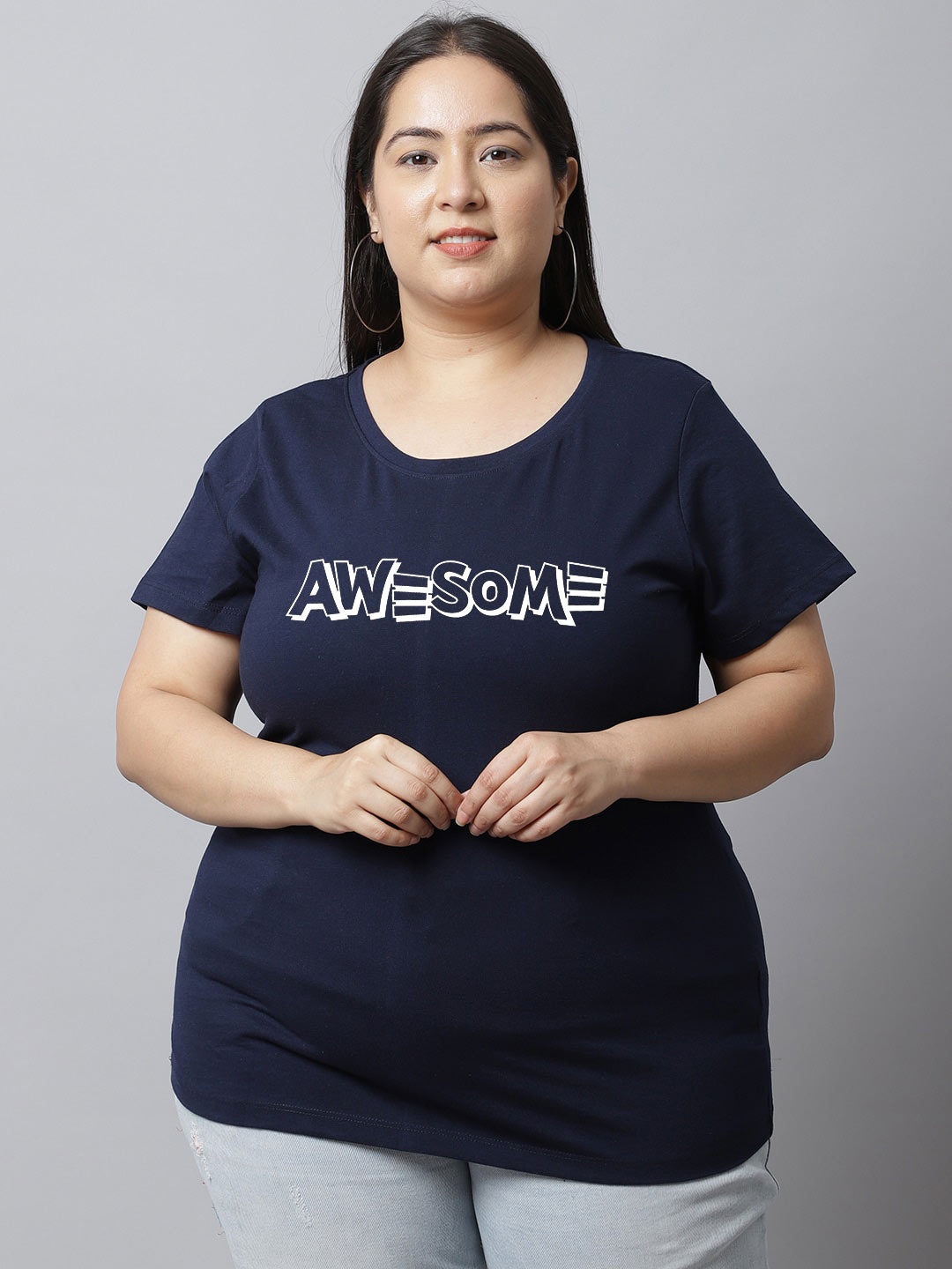 UnaOne Plus Size Typography Printed Slim Fit Pure Cotton T-Shirt, Navy blue