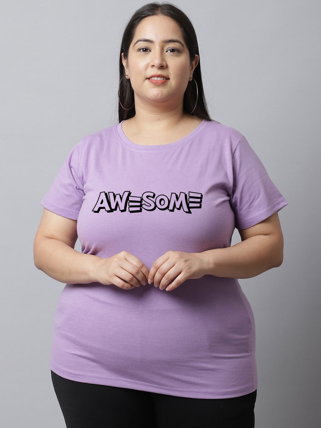 

UnaOne Plus Size Typography Printed Pure Cotton T-shirt, Purple