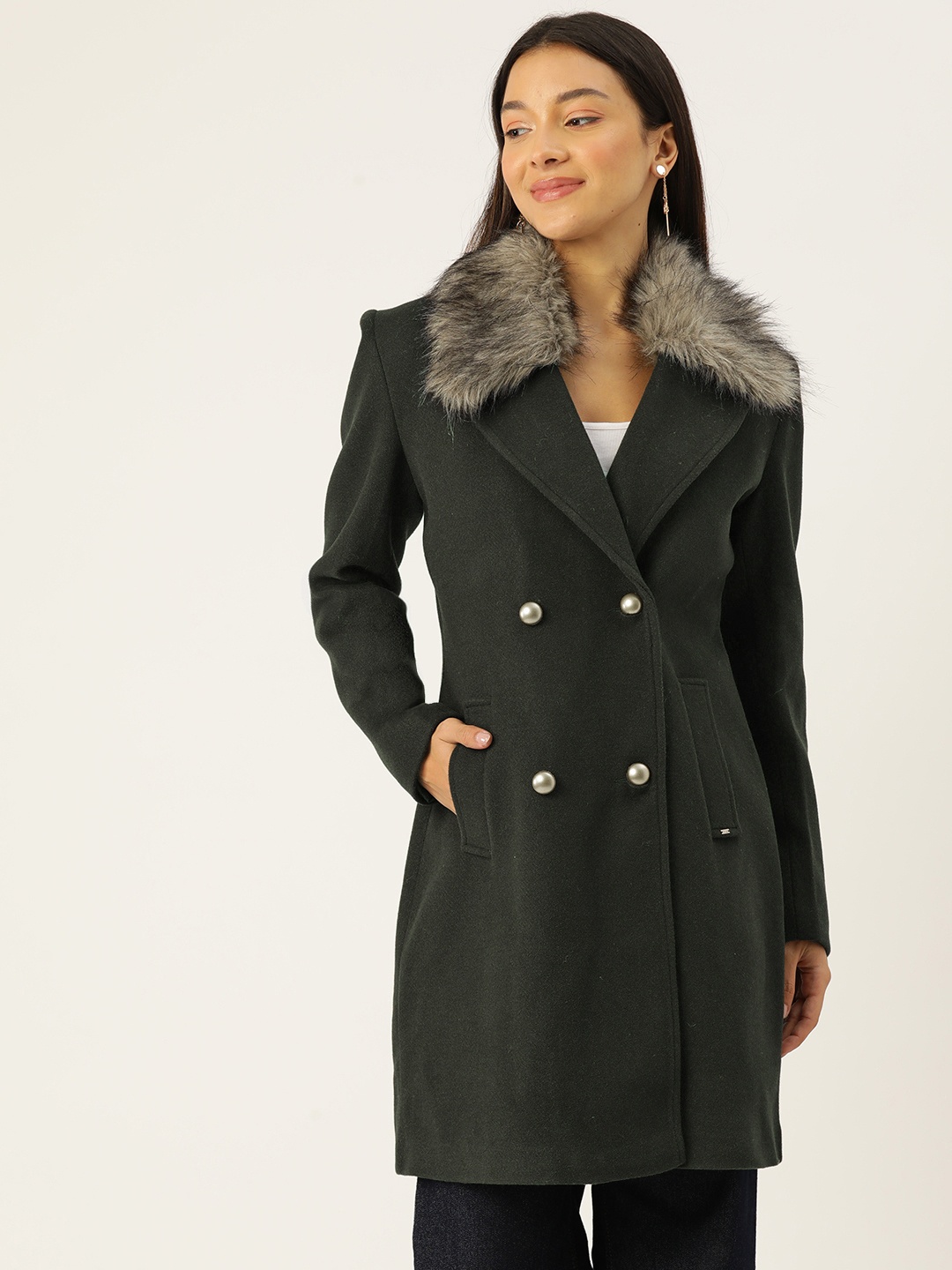 

Okane Double-Breasted Faux Fur Collar Longline Tweed Overcoat, Olive
