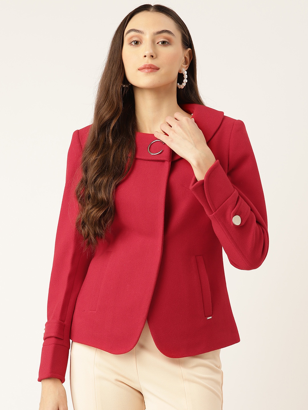 

Okane Solid Collarless Coat, Coral