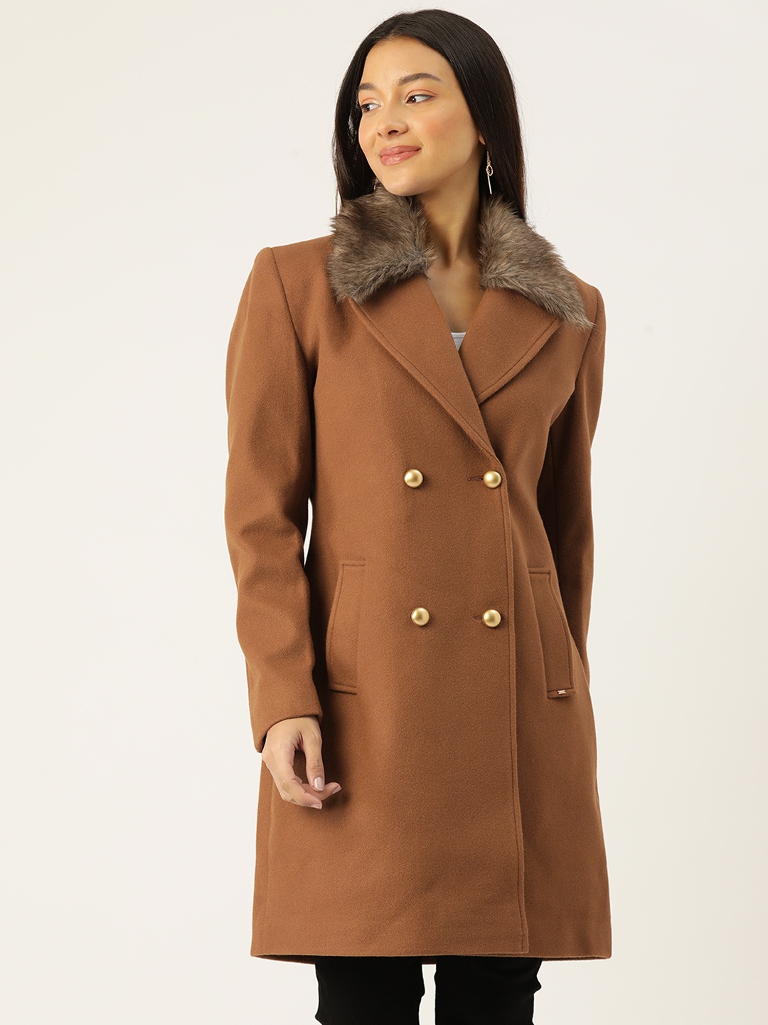 

Okane Double-Breasted Detachable Faux Fur Collar Tweed Overcoat, Tan