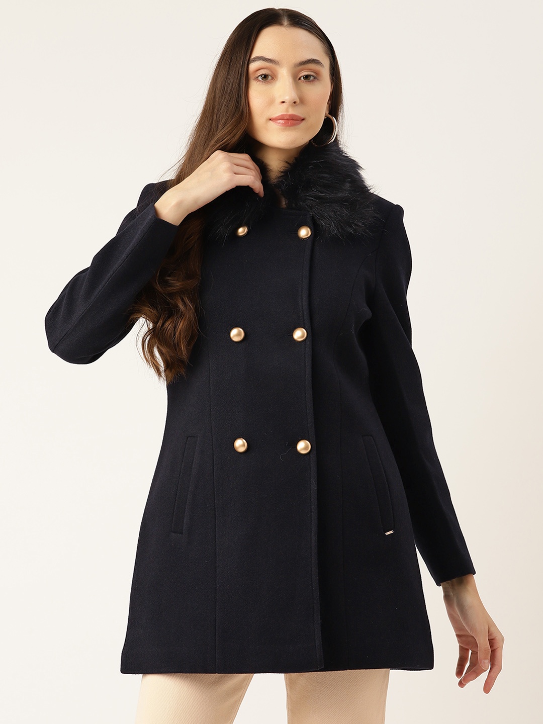 

Okane Solid Double-Breasted Detachable Faux Fur Collar Overcoat, Navy blue