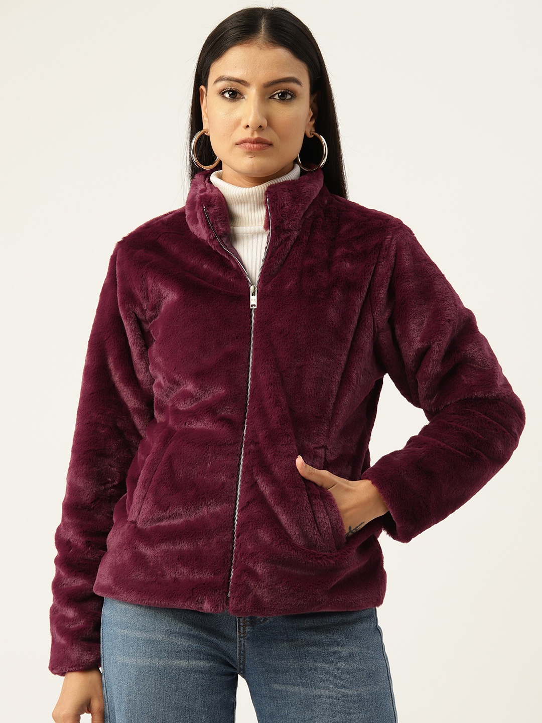 

Okane Solid Mock Collar Faux Fur Parka Jacket, Burgundy