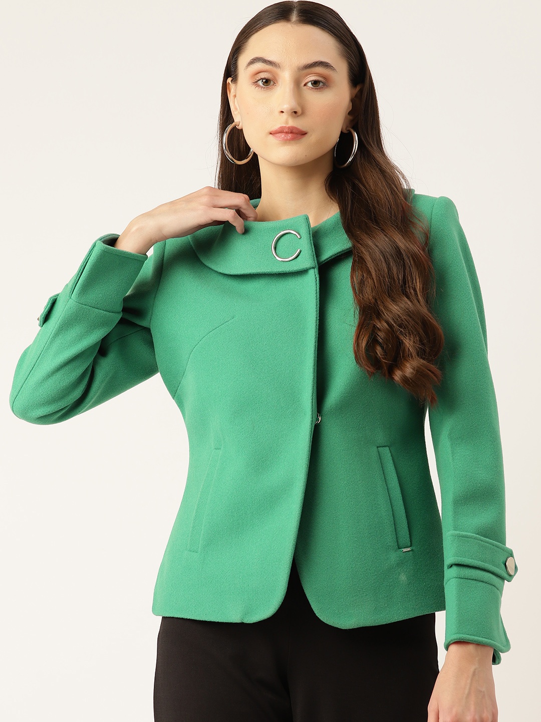 

Okane Solid Collarless Coat, Green