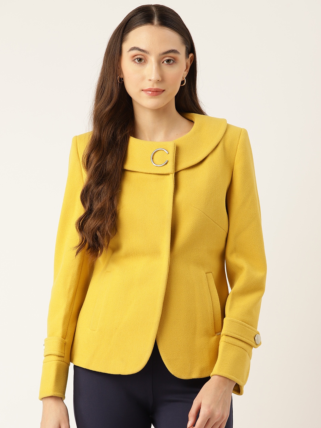 

Okane Solid Collarless Coat, Mustard