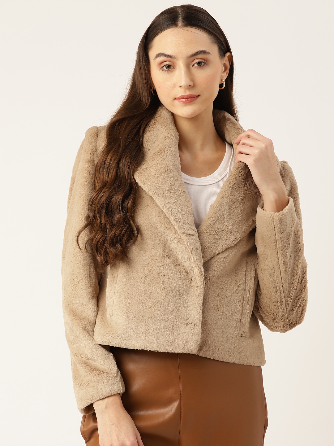 

Okane Single Breasted Faux Fur Parka Coat, Beige