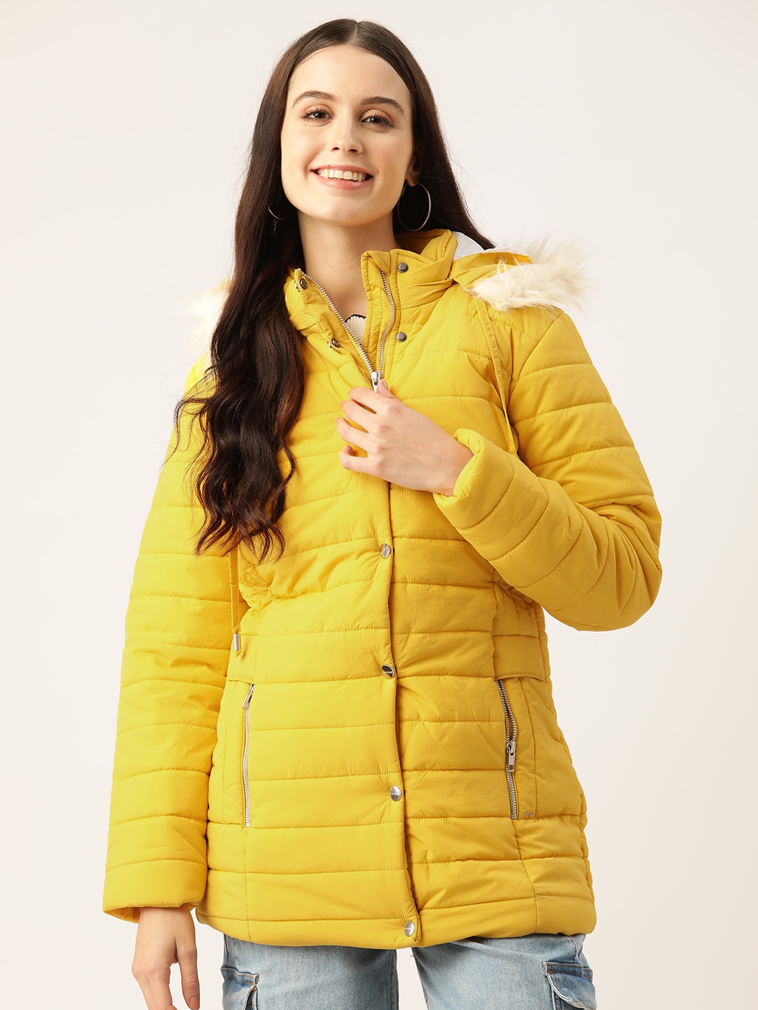 

Okane Women Faux Fur Trim Padded Jacket With Detachable Hood, Yellow