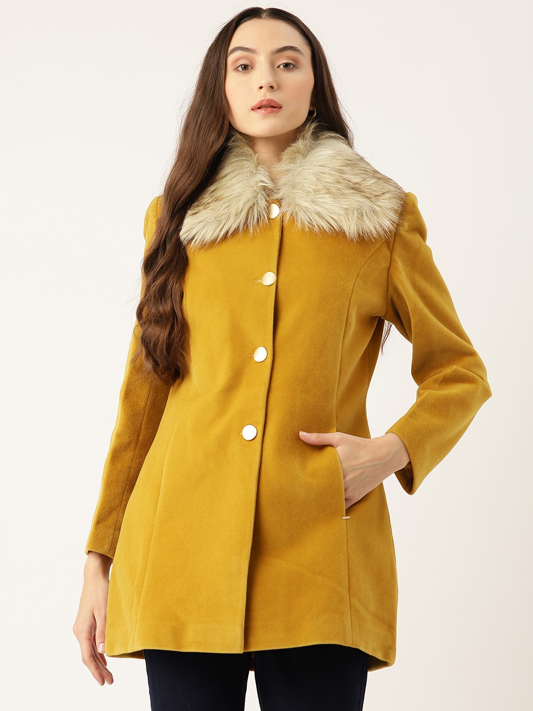 

Okane Solid Regular Length Detachable Faux Fur Collar Overcoat, Mustard