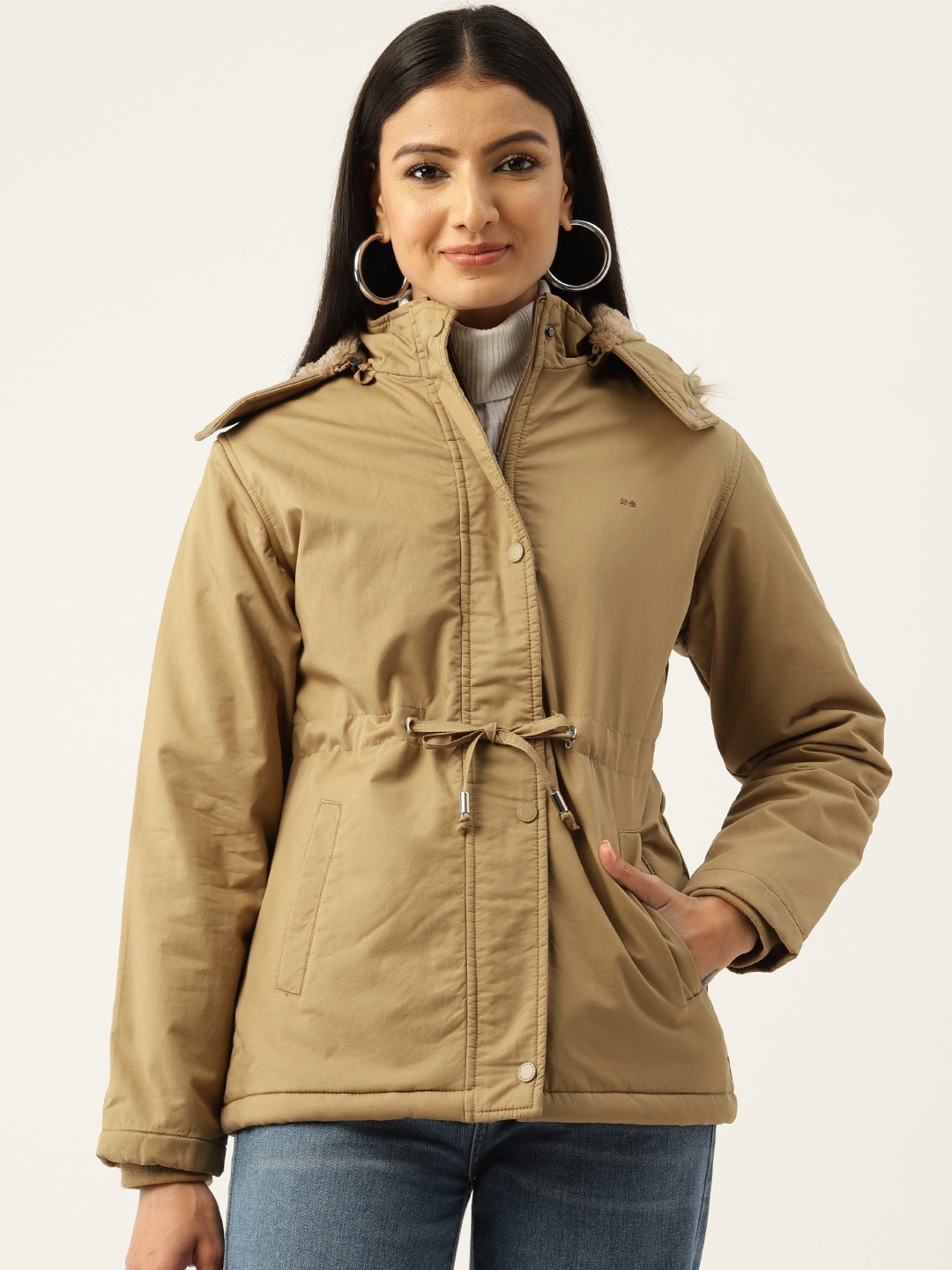 

Okane Solid Waist Tie-Up Detail Detachable Hood Padded Jacket, Khaki