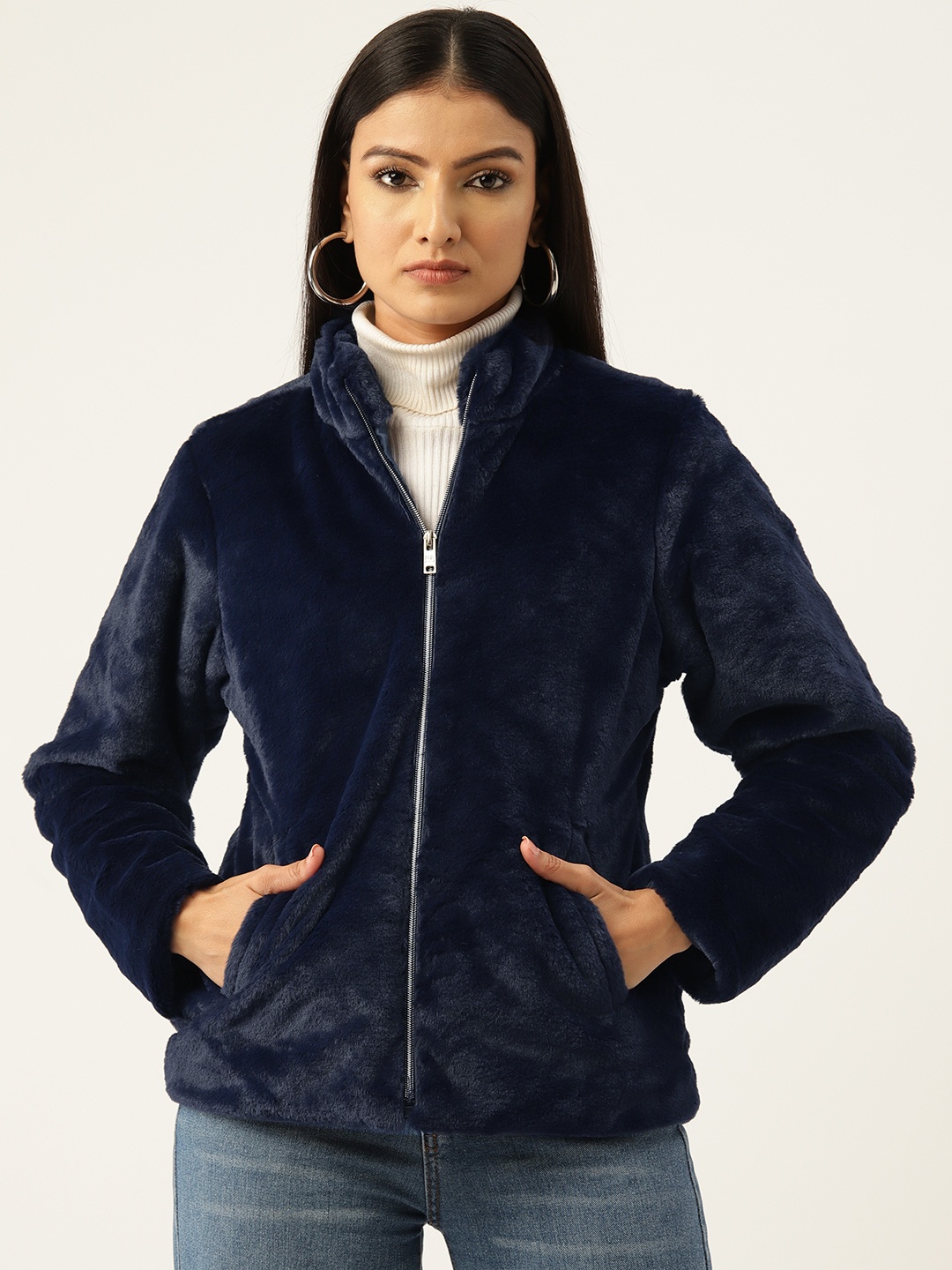 

Okane Solid Mock Collar Faux Fur Parka Jacket, Navy blue