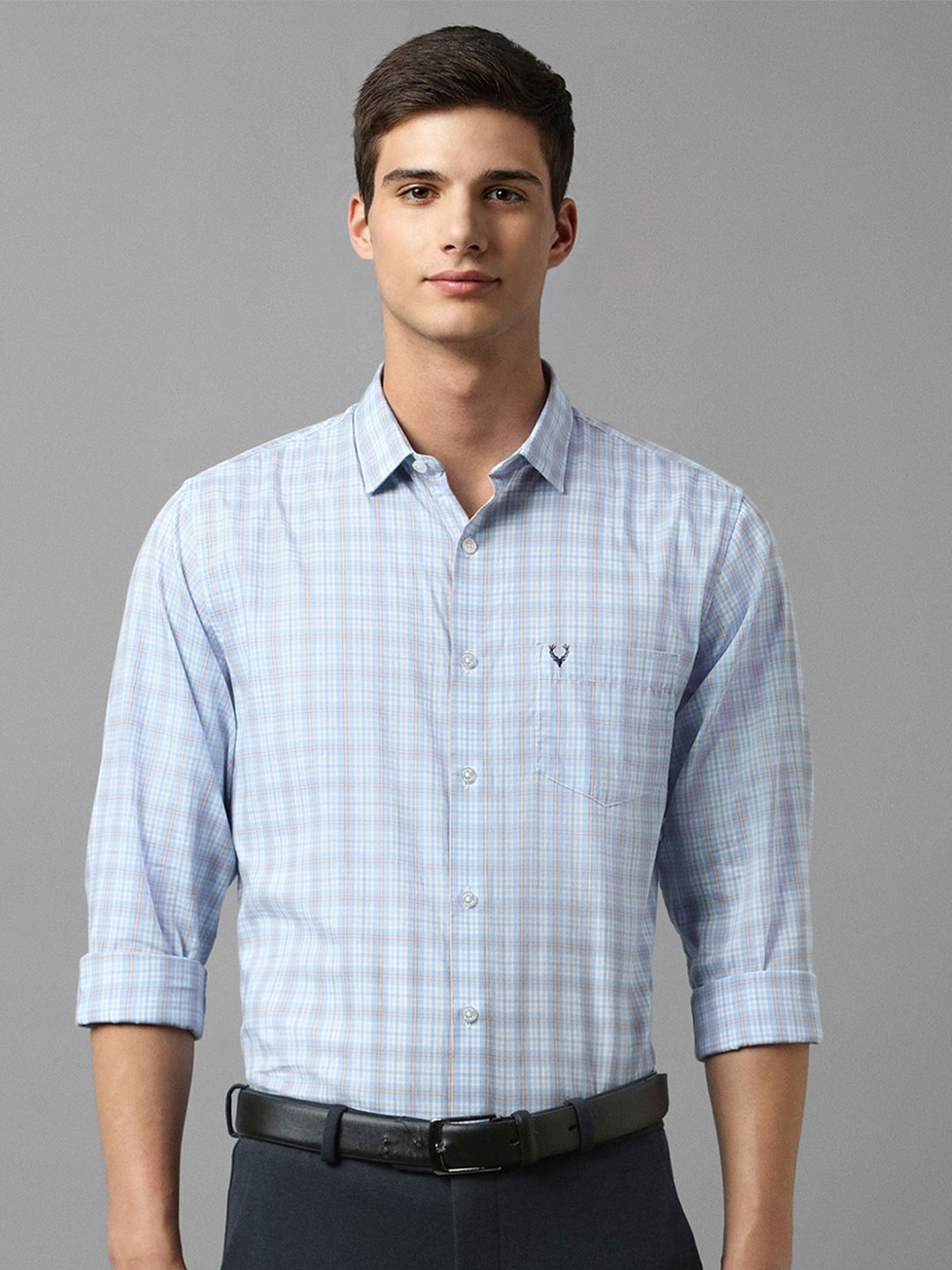 

Allen Solly Slim Fit Opaque Checked Pure Cotton Formal Shirt, Blue