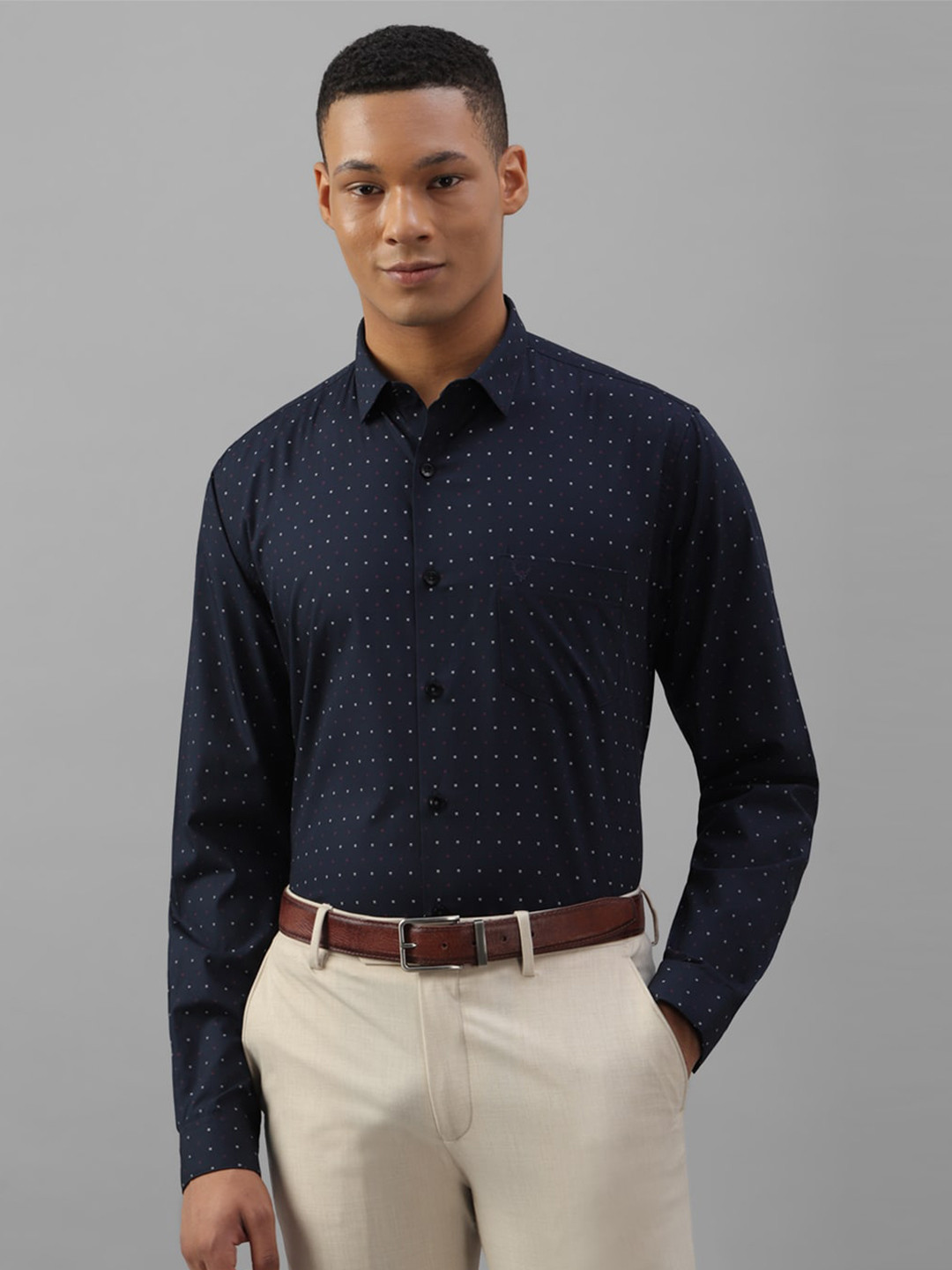 

Allen Solly Polka Dot Printed Slim Fit Classic Cotton Formal Shirt, Navy blue