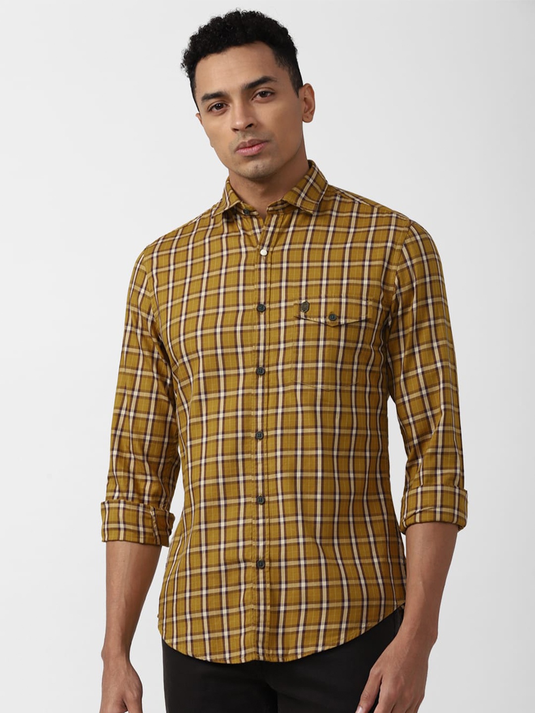 

Peter England Casuals Slim Fit Windowpane Checked Pure Cotton Casual Shirt, Mustard