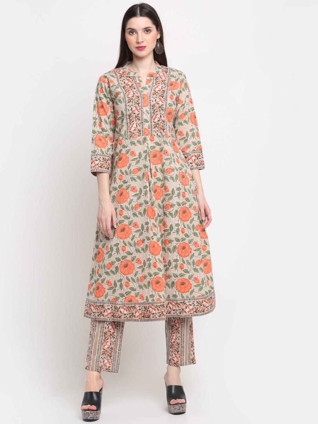 

Assamica Floral Printed Regular Pure Cotton Kurta with Trousers & Dupatta, Beige