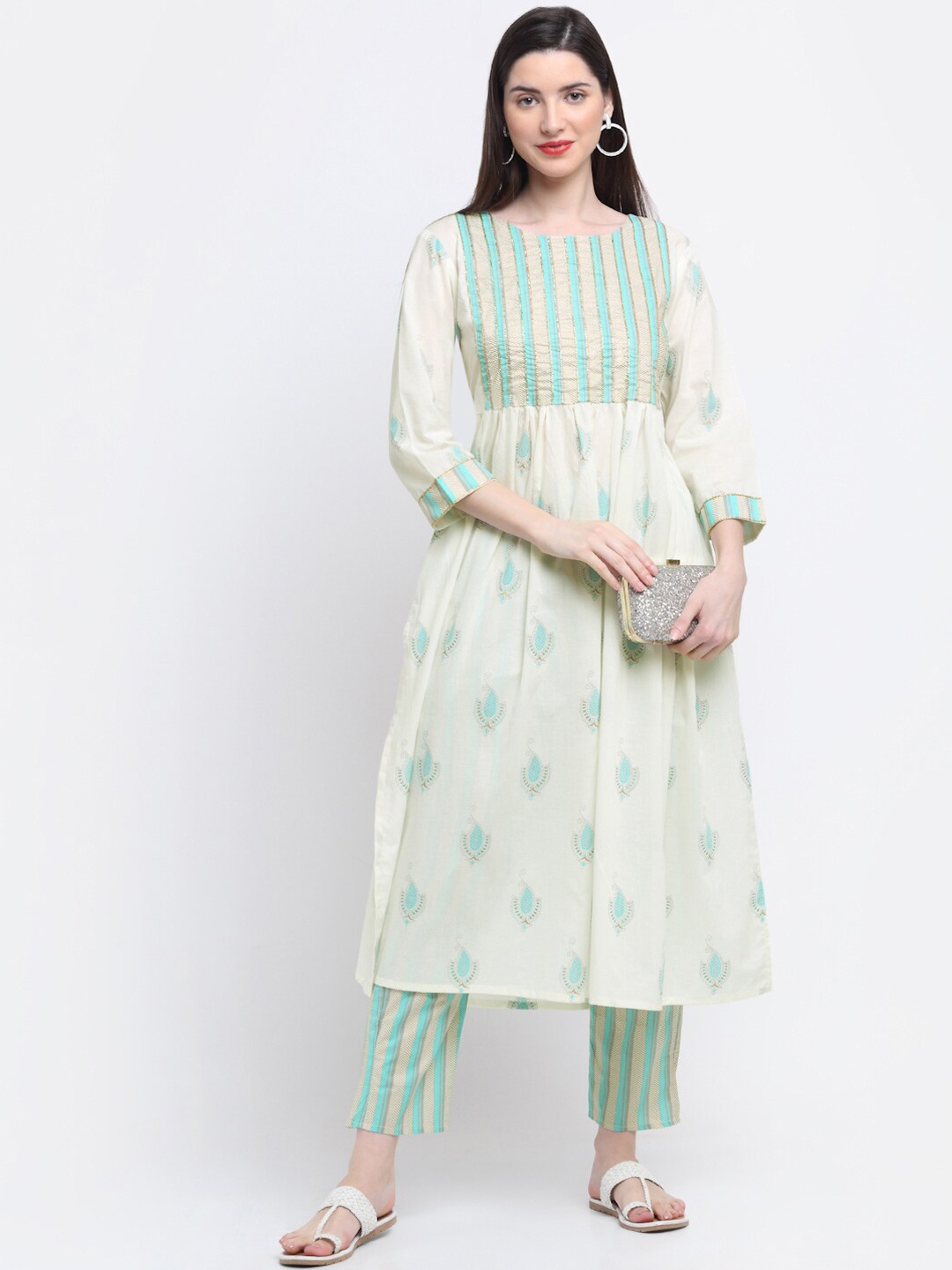 

Assamica Ethnic Motifs Printed High Slit Pure Cotton Kurta with Trousers, Cream