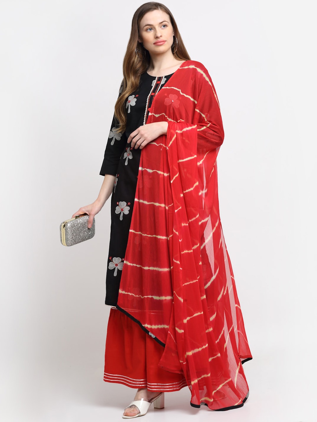 

Assamica Floral Printed Round Neck Straight Kurta with Sharara & Dupatta, Black