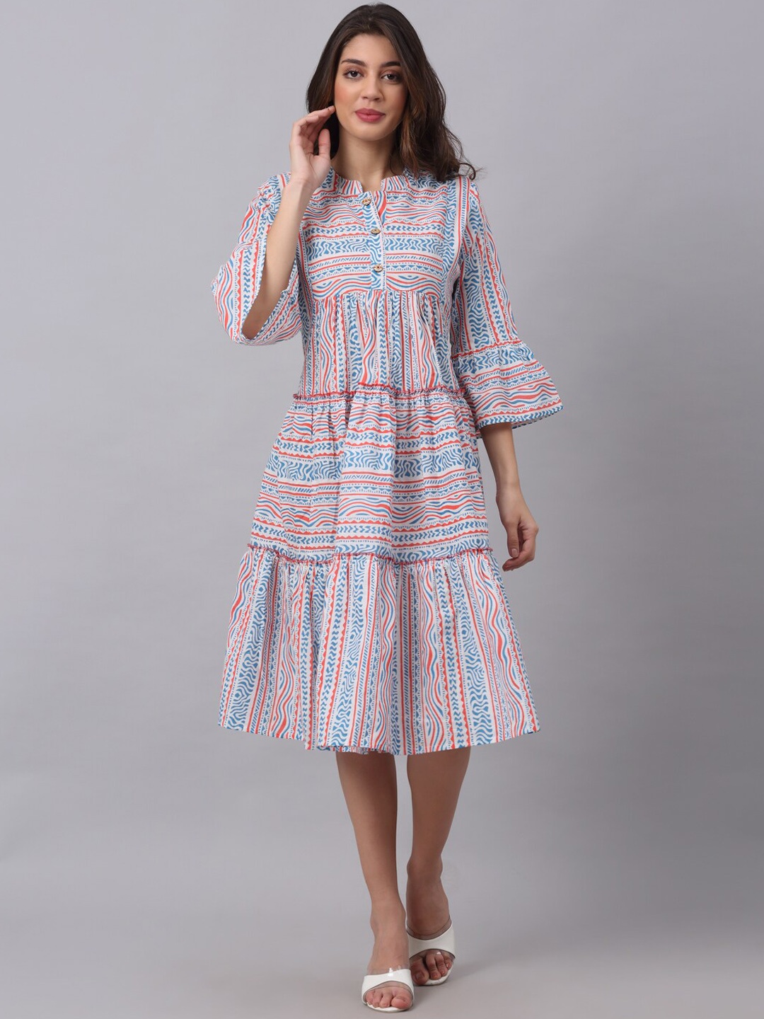 

Assamica Geometric Printed Bell Sleeves Pure Cotton Fit & Flare Dress, White