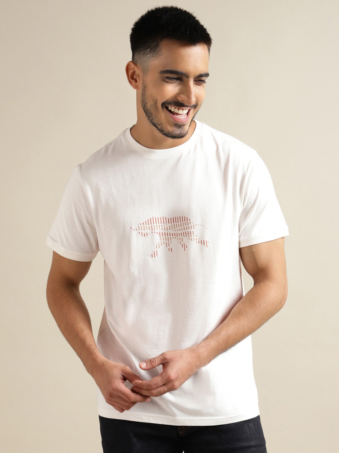 

Andamen Typography Printed Round Neck Cotton T-shirt, Off white