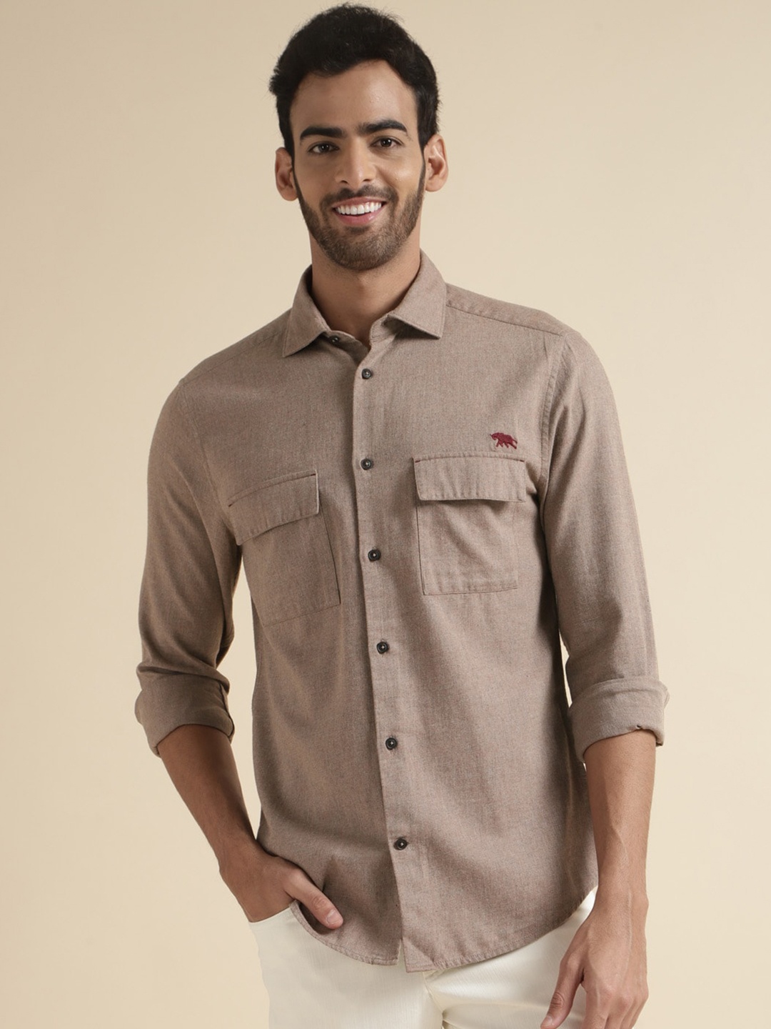 

Andamen Spread Collar Premium Opaque Casual Shirt, Khaki