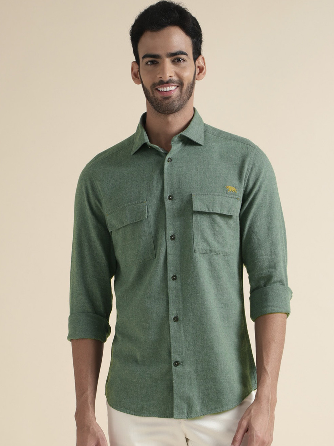 

Andamen Premium Slim Fit Spread Collar Twill Casual Shirt, Green