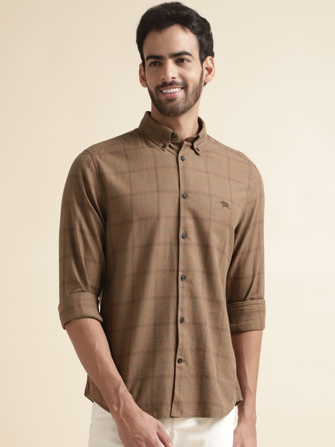 

Andamen Premium Checked Button-Down Collar Cotton Casual Shirt, Brown