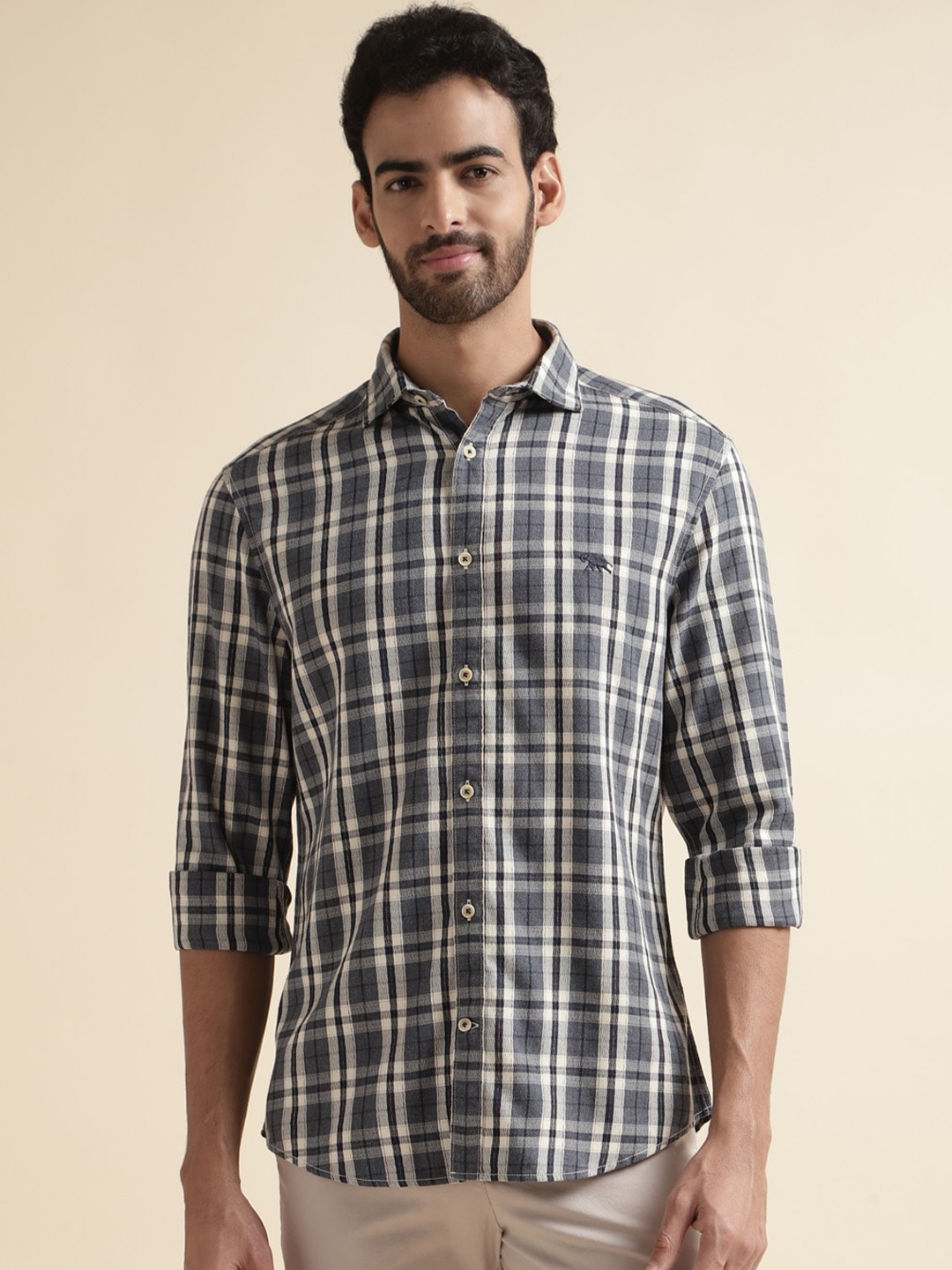 

Andamen Premium Tartan Checked Cotton Casual Shirt, Navy blue