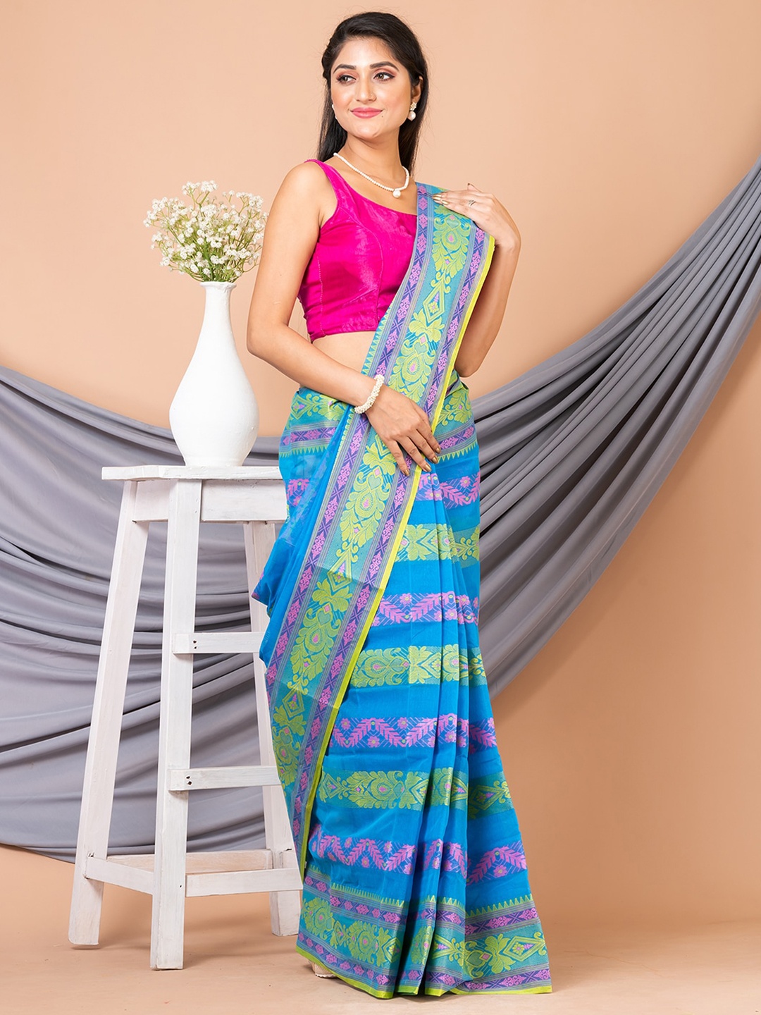 

Laa Calcutta Ethnic Motifs Woven Design Pure Cotton Taant Saree, Blue