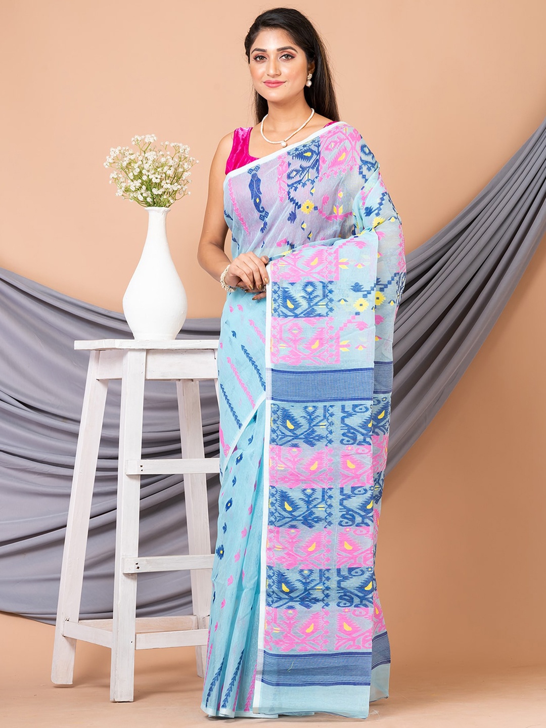 

Laa Calcutta Ethnic Motifs Woven Design Pure Cotton Jamdani Saree, Sea green