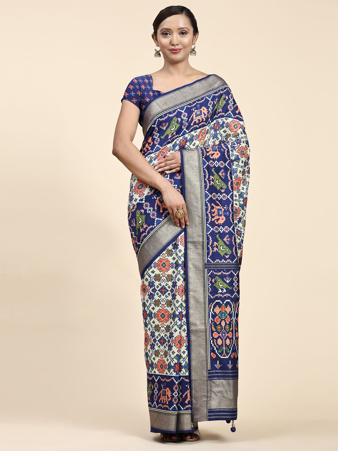 

Phenav Ethnic Motifs Zari Pure Silk Patola Saree, Navy blue