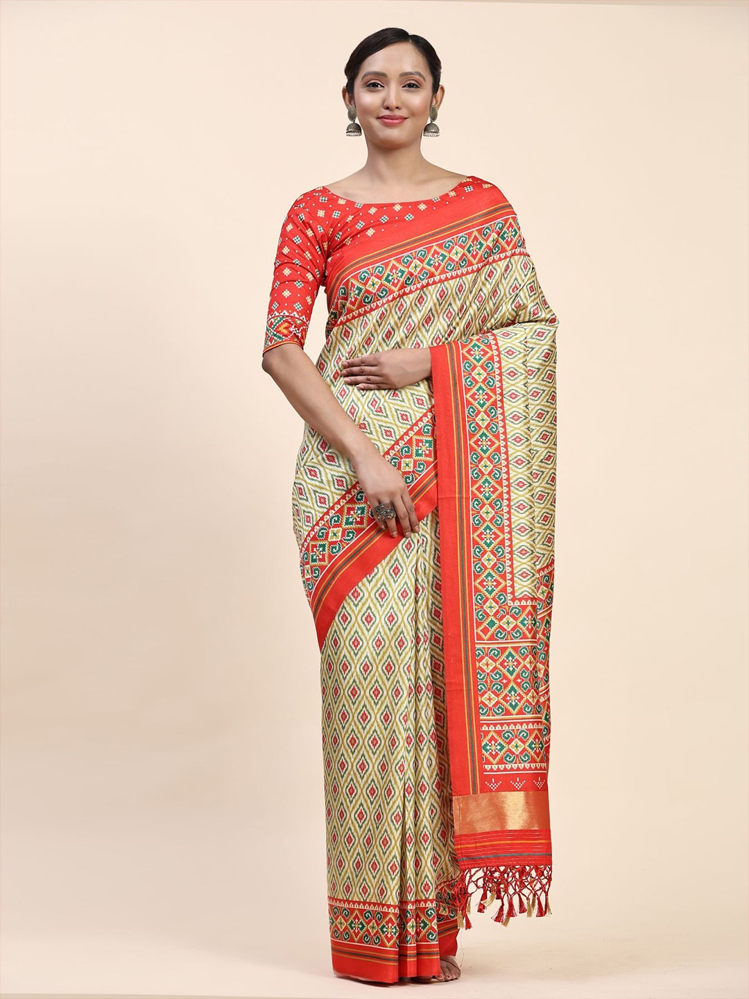 

Phenav Ethnic Motifs Printed Pure Silk Patola Saree, Cream