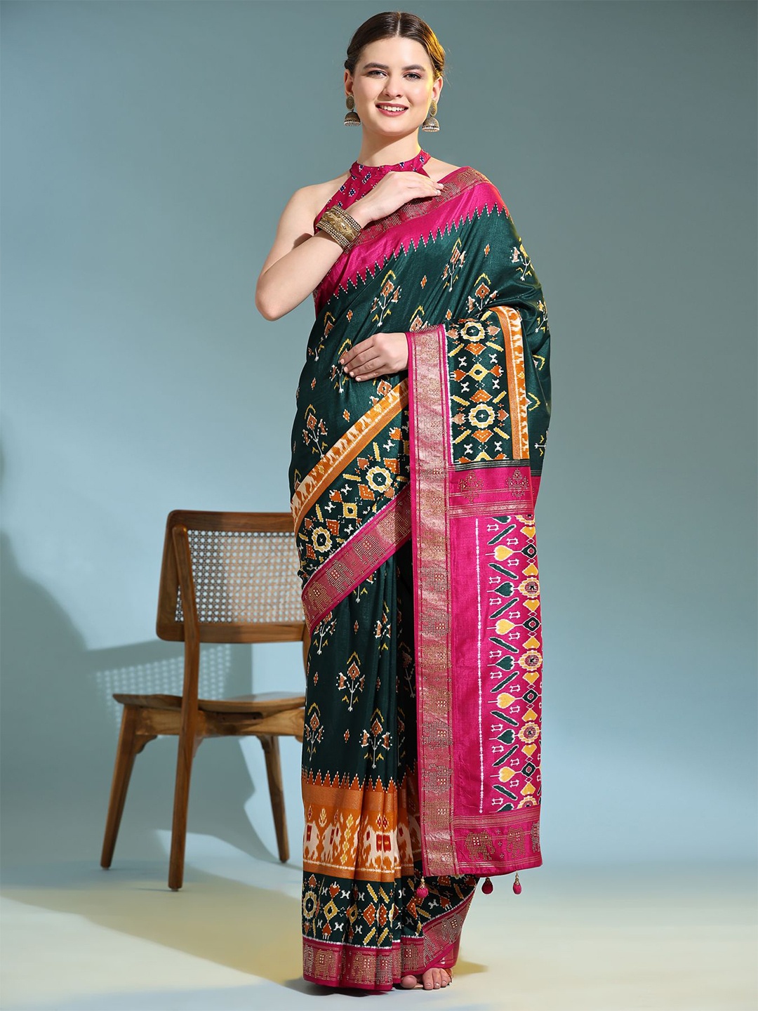 

Phenav Ethnic Motifs Printed Zari Pure Silk Patola Saree, Pink