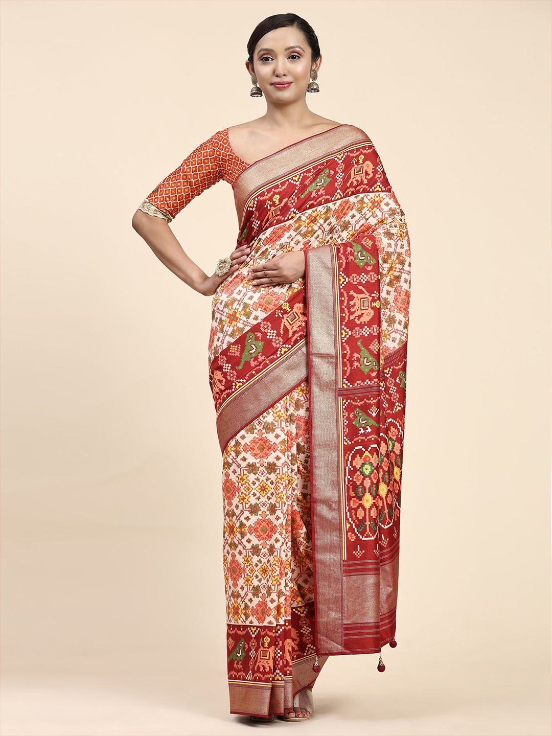 

Phenav Ethnic Motifs Printed Zari Pure Silk Patola Saree, Red