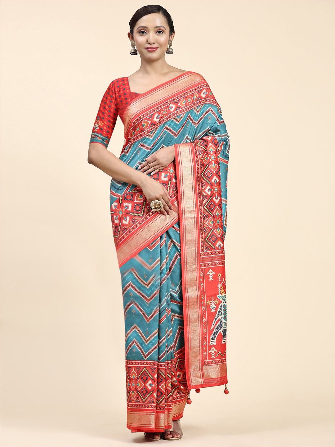 

Phenav Geometric Printed Zari Pure Silk Patola Saree, Blue