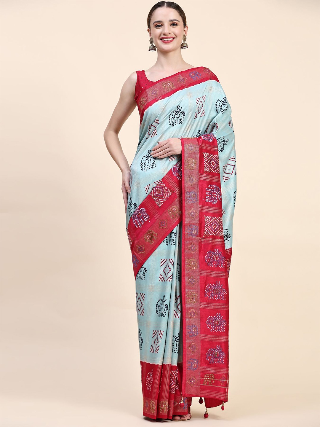 

Phenav Geometric Printed Zari Pure Silk Patola Saree, Blue