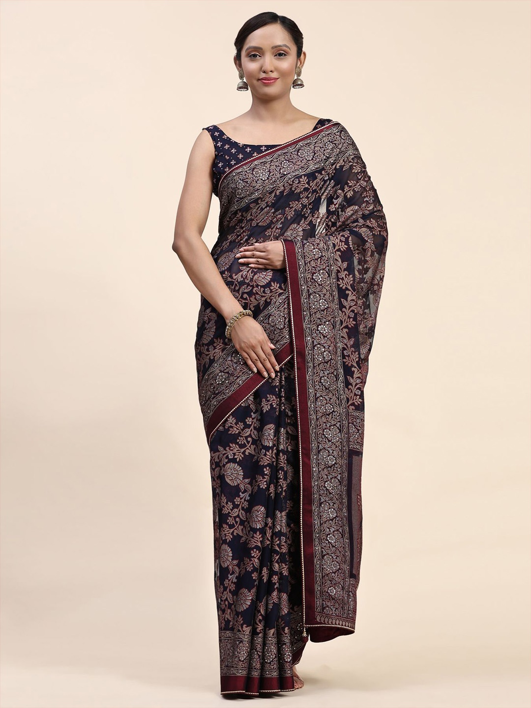 

Phenav Ethnic Motifs Printed Sequinned Pure Silk Patola Saree, Blue