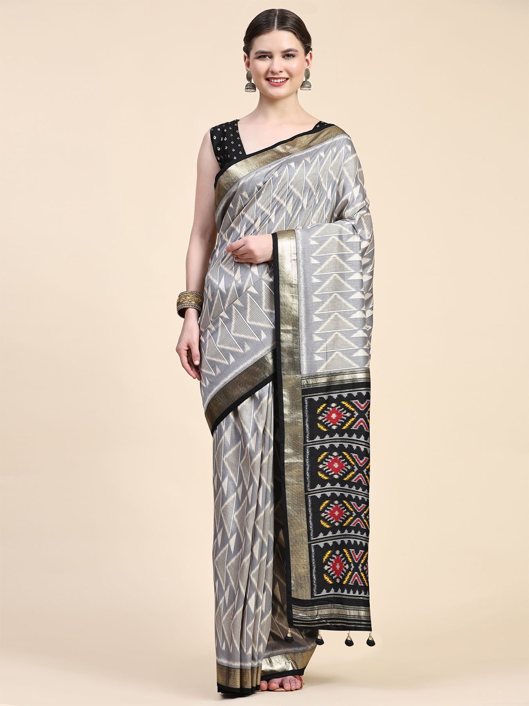 

Phenav Zari Pure Silk Patola Saree, Grey
