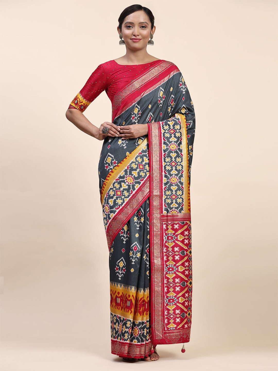 

Phenav Ethnic Motifs Printed Pure Silk Patola Saree, Grey