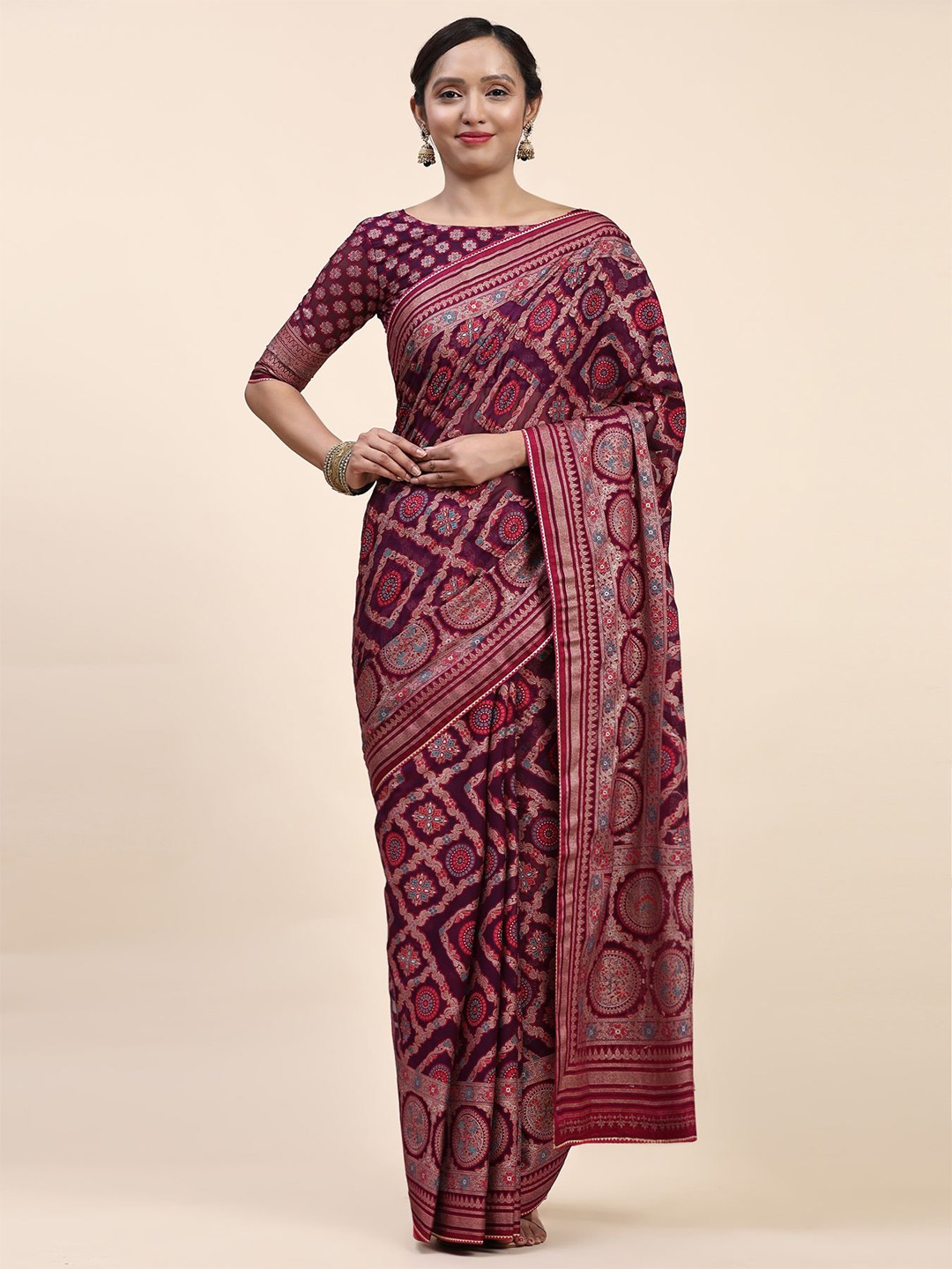 

Phenav Ethnic Motifs Printed Pure Silk Patola Saree, Burgundy