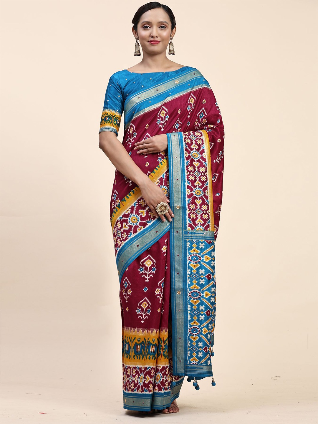 

Phenav Ethnic Motifs Printed Mirror Work Pure Silk Patola Saree, Blue