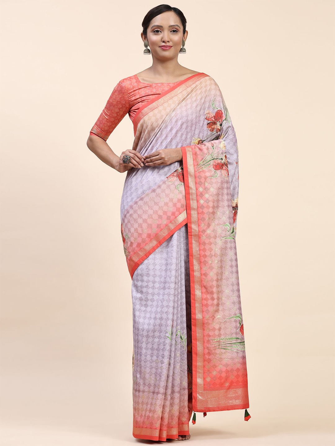 

Phenav Floral Printed Zari Pure Silk Patola Saree, Purple