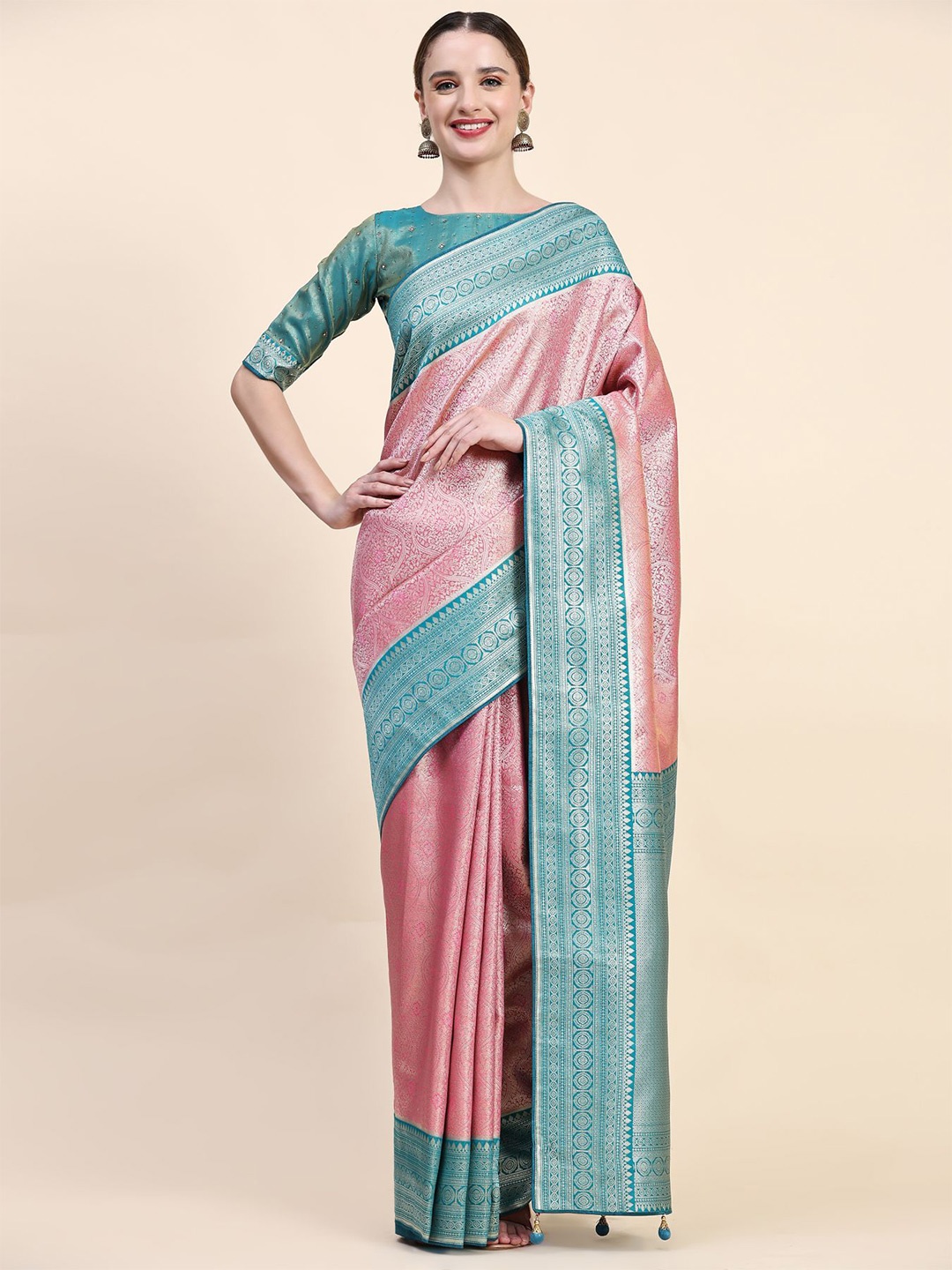 

Phenav Woven Design Zari Pure Silk Patola Saree, Pink