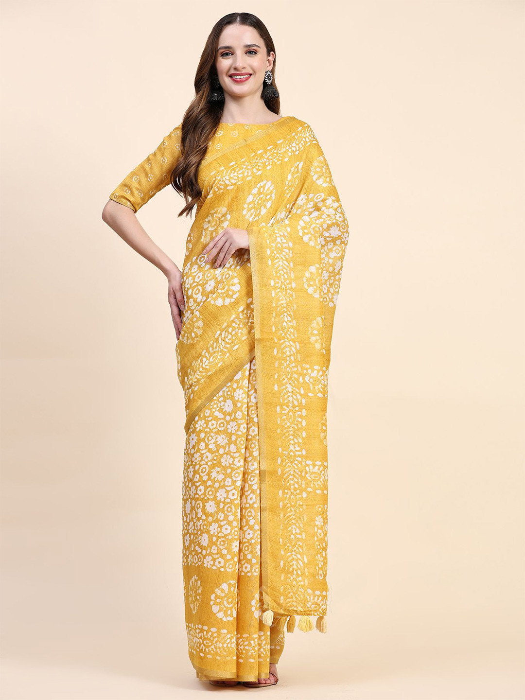 

Phenav Ethnic Motifs Printed Zari Pure Silk Patola Saree, Yellow