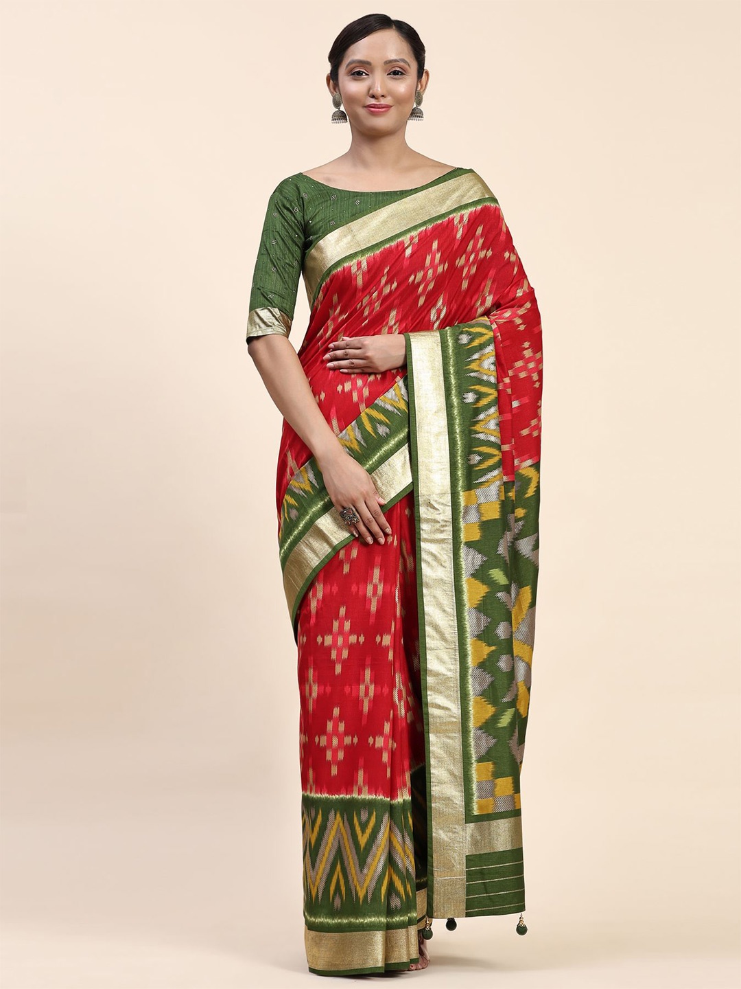 

Phenav Ethnic Motifs Zari Pure Silk Patola Saree, Red