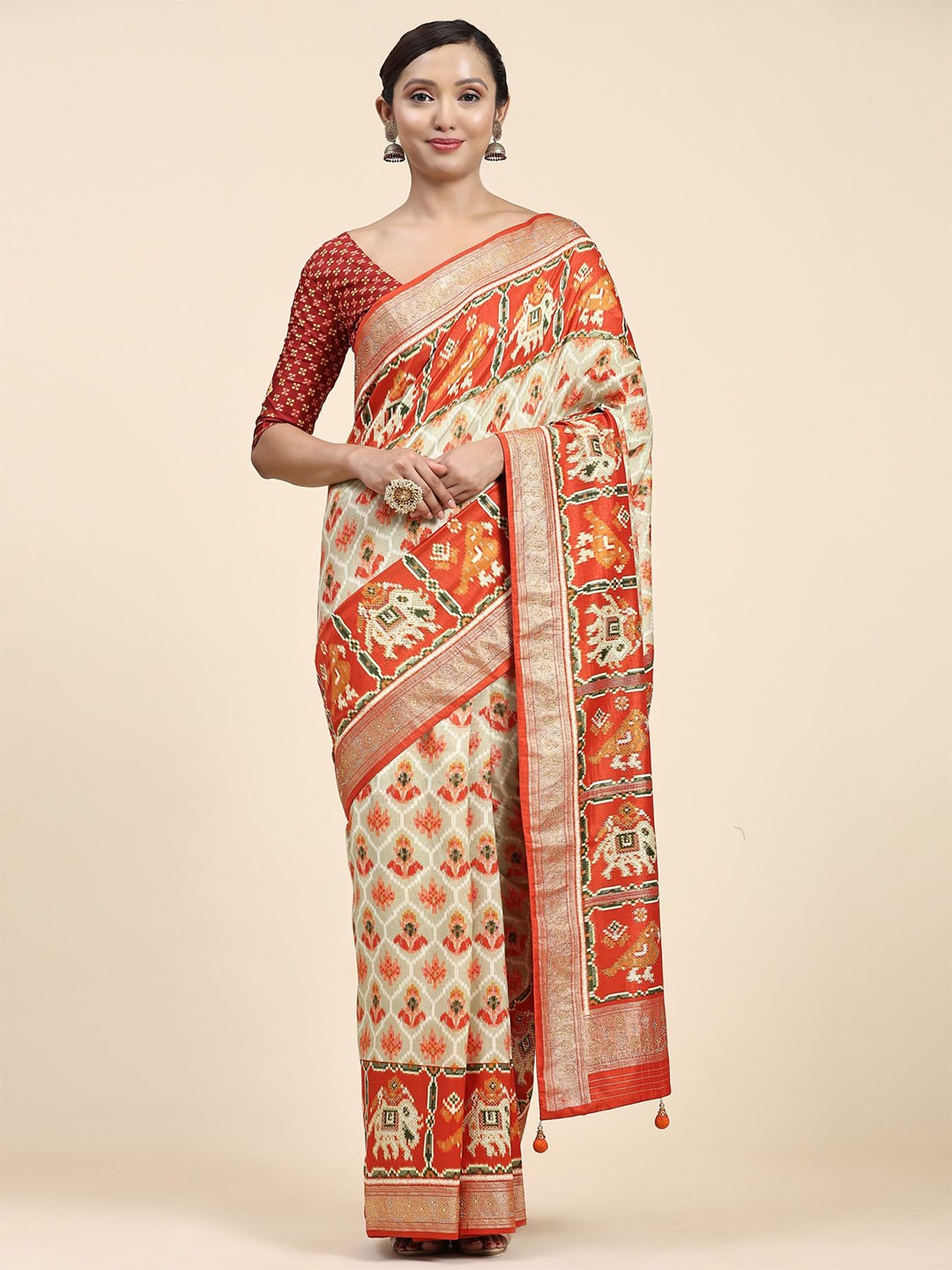 

Phenav Ethnic Motifs Printed Pure Silk Patola Saree, Orange